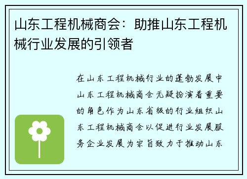 山东工程机械商会：助推山东工程机械行业发展的引领者